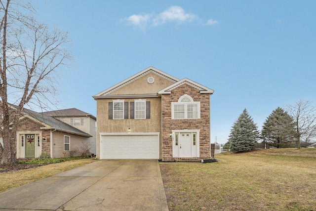 traditional home with an attached garage, a front yard, stucco siding, stone siding, and driveway