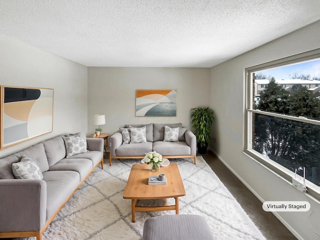 living room featuring baseboards and a textured ceiling