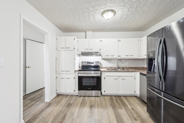 kitchen with under cabinet range hood, light wood-style flooring, appliances with stainless steel finishes, and a sink