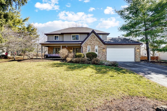 view of front facade with aphalt driveway, a front lawn, an attached garage, and fence