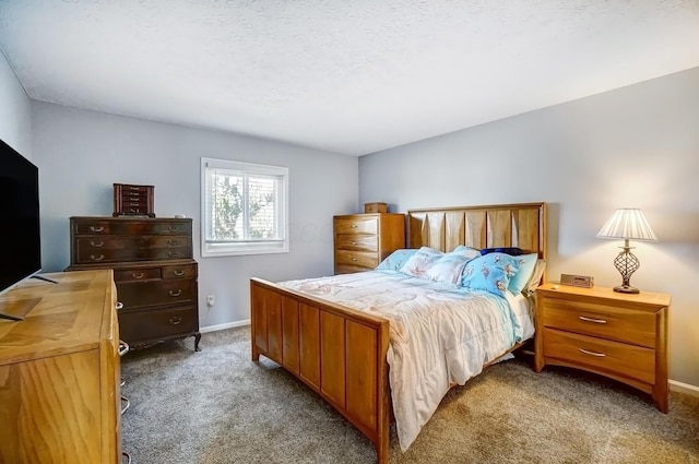 bedroom featuring carpet, baseboards, and a textured ceiling