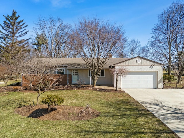 single story home featuring a garage, concrete driveway, and a front yard