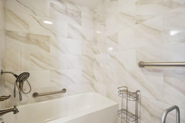 bathroom featuring a tub, a shower, and tile walls