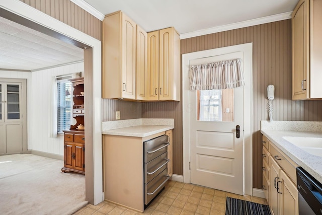 kitchen featuring stainless steel dishwasher, a healthy amount of sunlight, light brown cabinetry, and crown molding