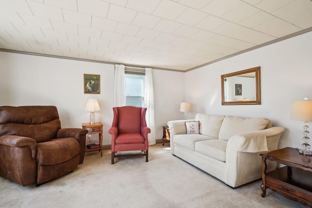 carpeted living area featuring crown molding