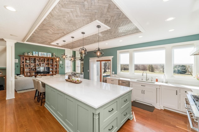 kitchen with green cabinetry, stainless steel appliances, wood finished floors, and a sink