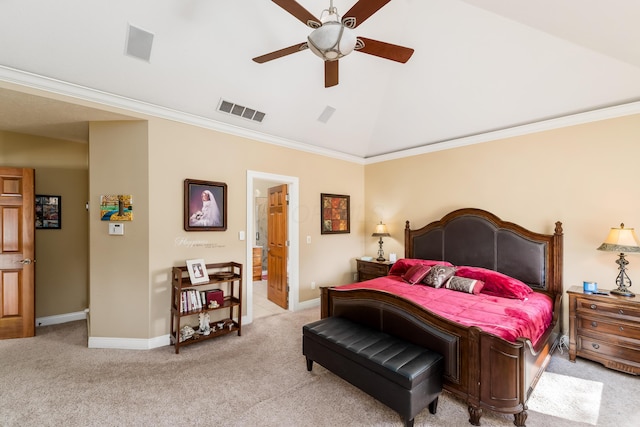 bedroom with baseboards, visible vents, lofted ceiling, ornamental molding, and light carpet