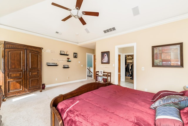 bedroom with visible vents, light carpet, baseboards, and ornamental molding