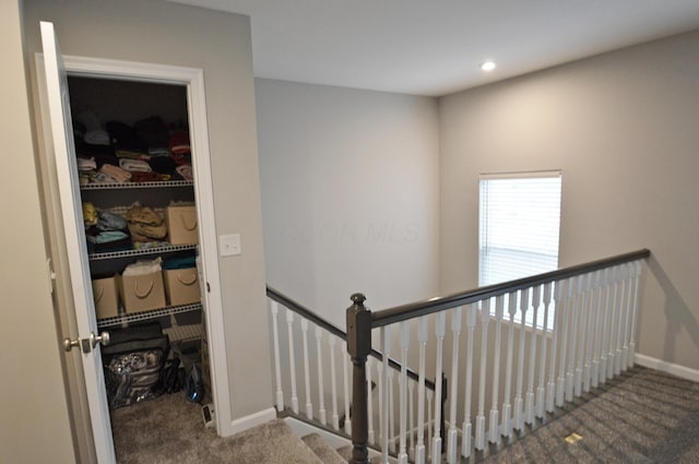4835 Amber Crossing Dr, Columbus, OH 43232 - stairway with baseboards, carpet floors, and recessed lighting