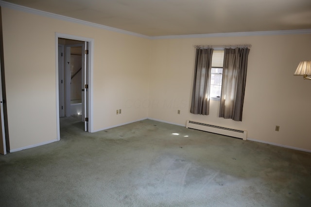 unfurnished bedroom with a baseboard radiator, baseboards, carpet flooring, and crown molding