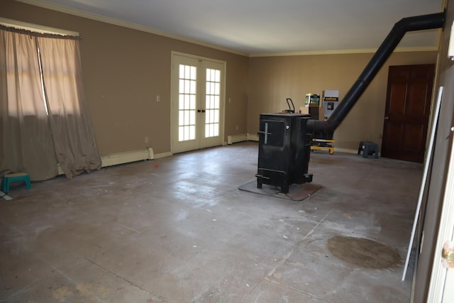 unfurnished living room featuring baseboard heating, ornamental molding, french doors, and a baseboard radiator