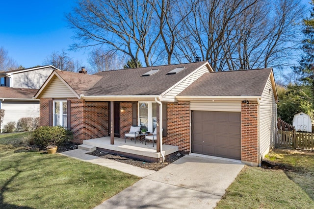 single story home featuring a porch, brick siding, a garage, and a shingled roof