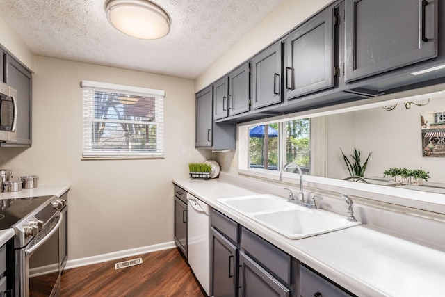 kitchen with visible vents, a sink, gray cabinets, stainless steel appliances, and dark wood-style flooring