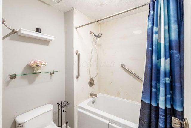 full bath with toilet, shower / bath combo with shower curtain, and a textured ceiling