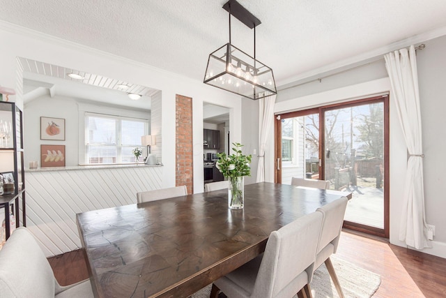 dining room featuring wood finished floors, crown molding, a healthy amount of sunlight, and a textured ceiling