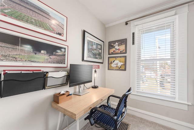 carpeted home office featuring crown molding and baseboards