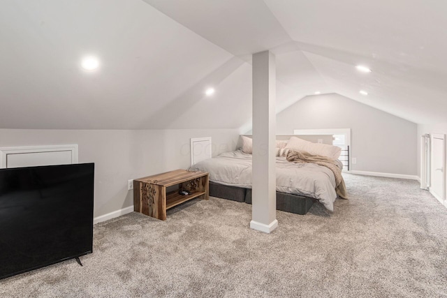 carpeted bedroom with lofted ceiling, recessed lighting, and baseboards