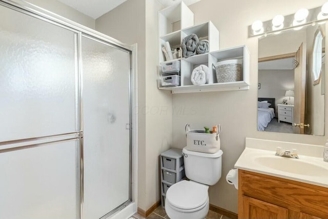 bathroom featuring ensuite bath, a shower stall, and vanity