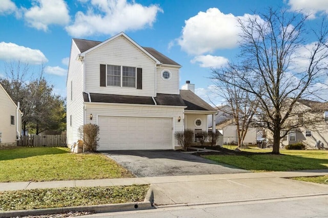 traditional-style house featuring an attached garage, fence, a front yard, a chimney, and driveway