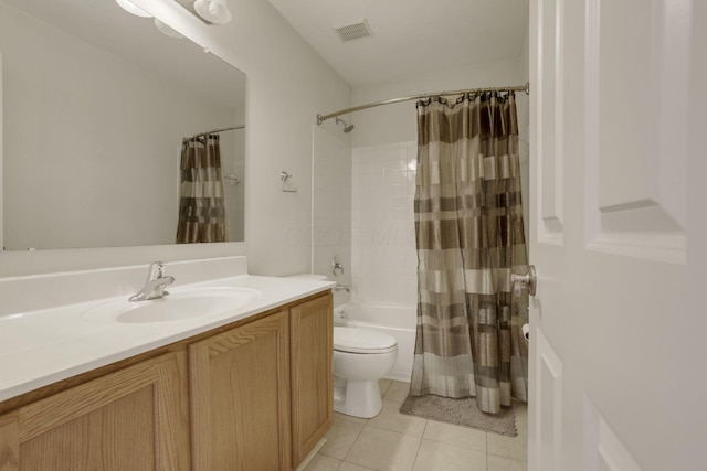 full bath featuring visible vents, toilet, tile patterned floors, shower / bath combination with curtain, and vanity