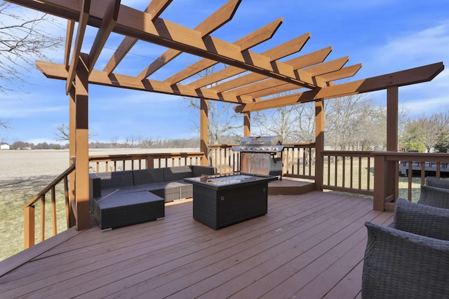 wooden deck featuring a grill, an outdoor living space with a fire pit, and a pergola