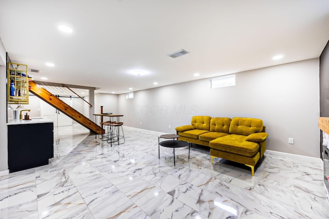 living room with visible vents, recessed lighting, stairway, and baseboards