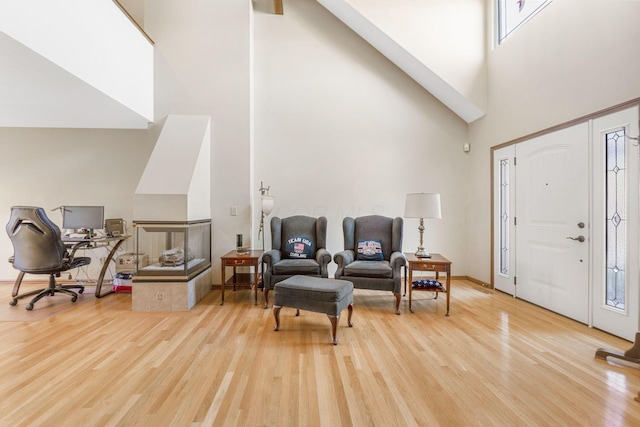 interior space with a high ceiling and wood finished floors