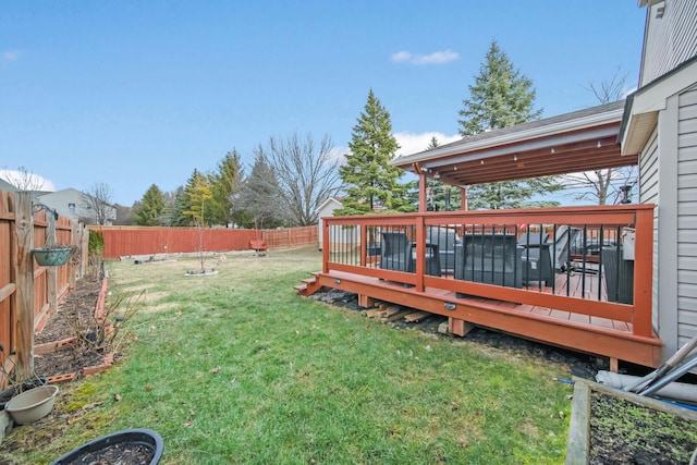 view of yard with a wooden deck and a fenced backyard