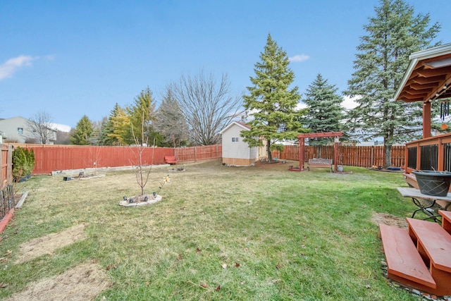 view of yard with an outdoor structure and a fenced backyard