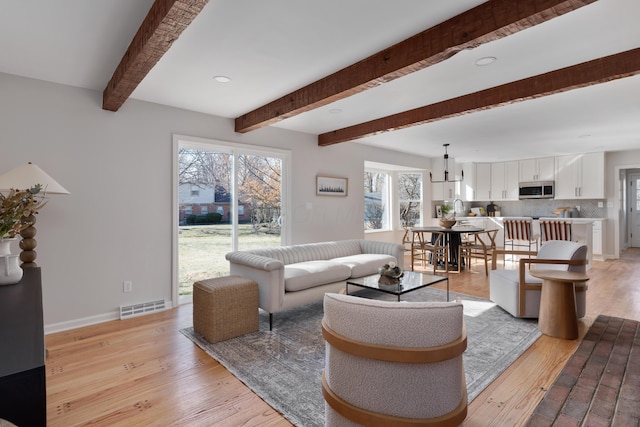 living room featuring light wood-type flooring, visible vents, baseboards, and beam ceiling