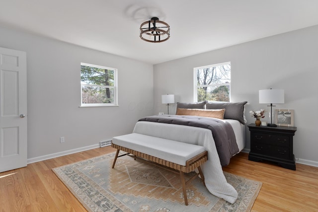 bedroom featuring light wood-type flooring, visible vents, multiple windows, and baseboards