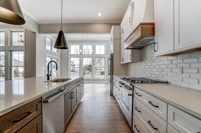 kitchen featuring custom range hood, ornamental molding, decorative backsplash, stainless steel appliances, and a sink