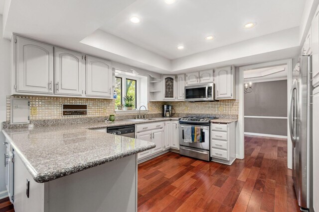 kitchen featuring dark wood-type flooring, a sink, tasteful backsplash, appliances with stainless steel finishes, and a peninsula