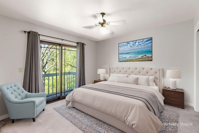 bedroom featuring access to outside, a ceiling fan, baseboards, and light carpet