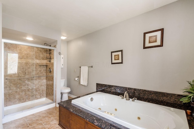 full bath featuring toilet, a tub with jets, and a stall shower