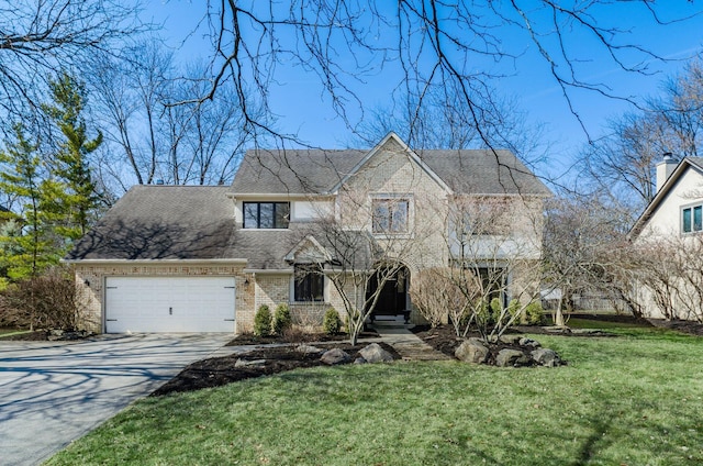 view of front of property featuring a shingled roof, a front lawn, concrete driveway, a garage, and brick siding