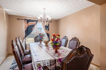 carpeted dining space with baseboards, a chandelier, and a textured ceiling