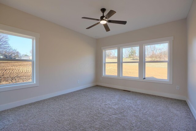 spare room with visible vents, baseboards, carpet floors, and a healthy amount of sunlight