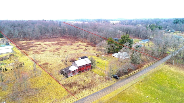 birds eye view of property featuring a rural view and a forest view