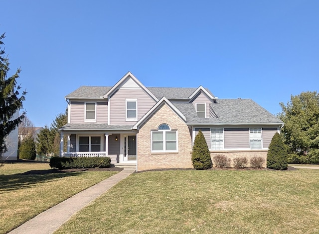 view of front of house featuring a front lawn, a porch, brick siding, and a shingled roof