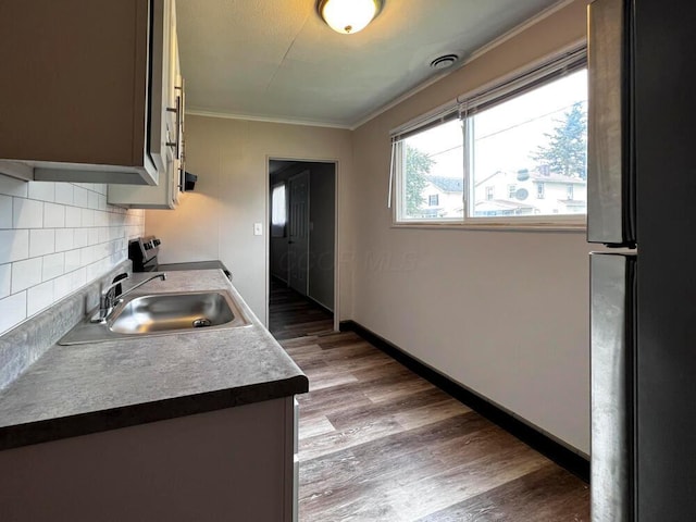 kitchen with tasteful backsplash, crown molding, baseboards, wood finished floors, and a sink