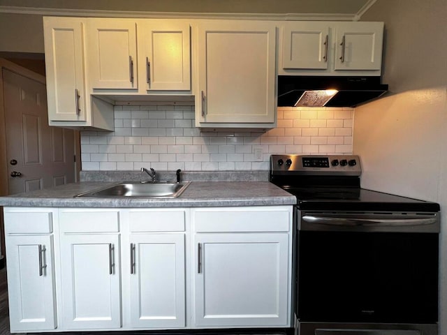 kitchen with under cabinet range hood, electric range, white cabinets, and a sink