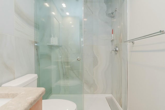 full bathroom with vanity, a shower stall, and toilet