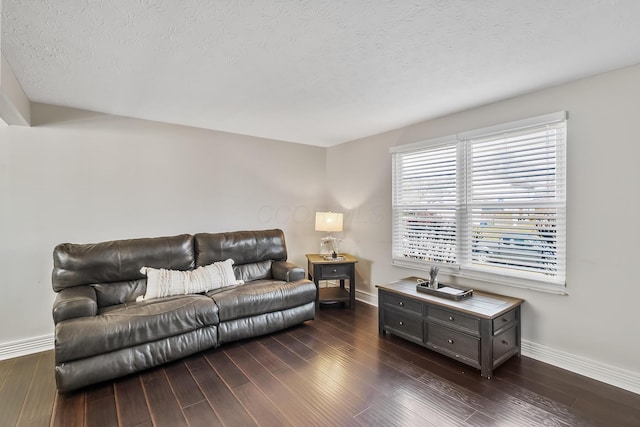 living room with dark wood finished floors, baseboards, and a textured ceiling