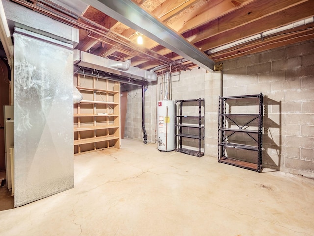 unfinished basement with heating unit and water heater