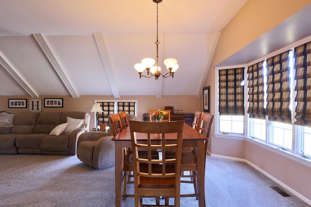 carpeted dining room with lofted ceiling with beams, visible vents, baseboards, and an inviting chandelier