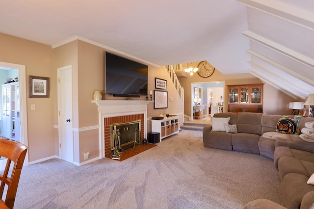 living room featuring baseboards, lofted ceiling, a fireplace, carpet flooring, and a chandelier