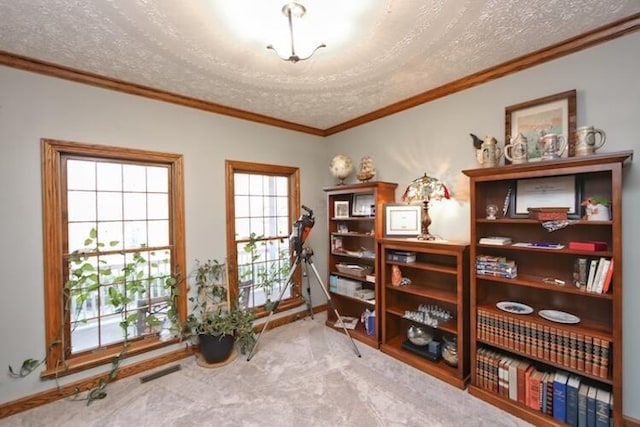 interior space with carpet flooring, a textured ceiling, crown molding, and visible vents