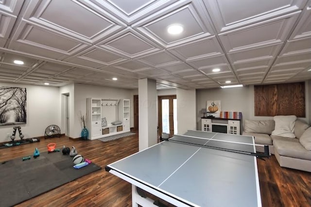 recreation room featuring recessed lighting, french doors, dark wood-style flooring, and an ornate ceiling