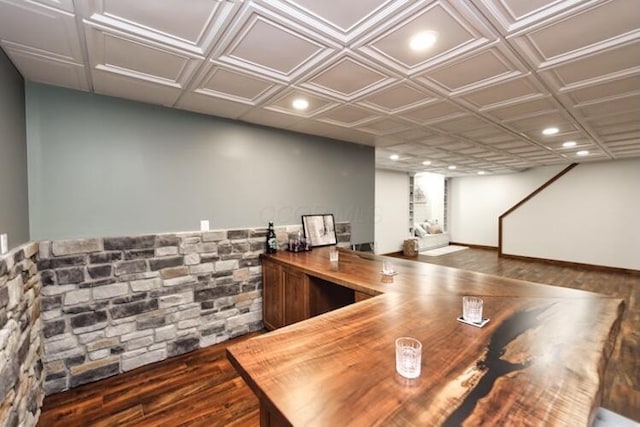 bar featuring recessed lighting, an ornate ceiling, and wood finished floors